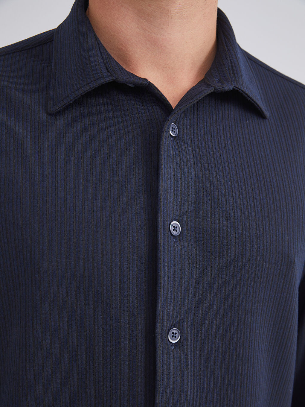 Lacivert Rahat Kalıp Uzun Kollu Erkek Gömlek-5