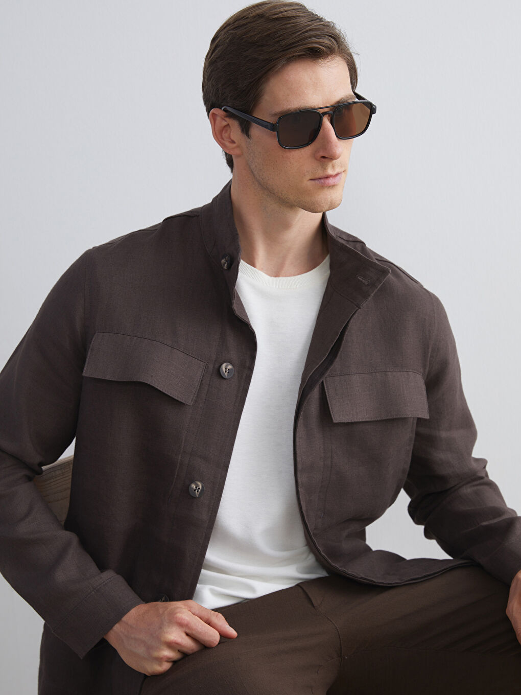 Kahverengi Standart Kalıp Gömlek Yaka %100 Keten Erkek Ceket