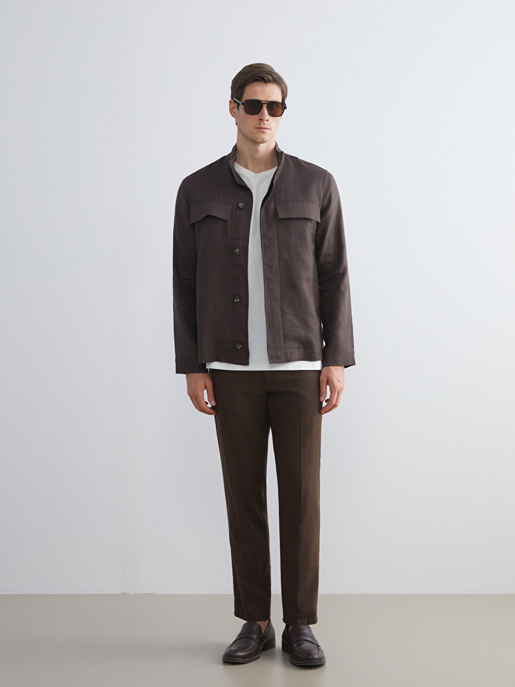 Kahverengi Standart Kalıp Gömlek Yaka %100 Keten Erkek Ceket-1