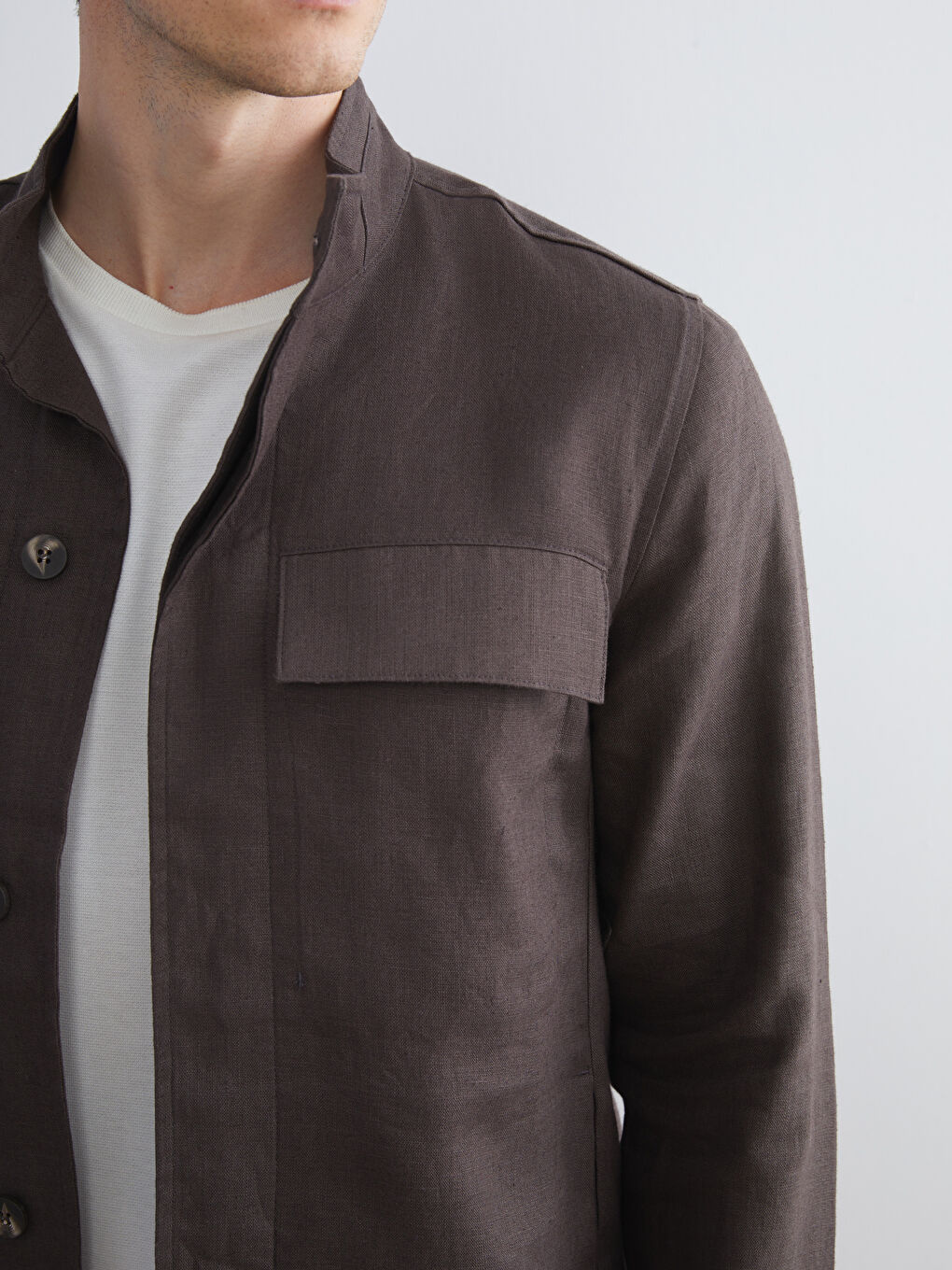 Kahverengi Standart Kalıp Gömlek Yaka %100 Keten Erkek Ceket-2