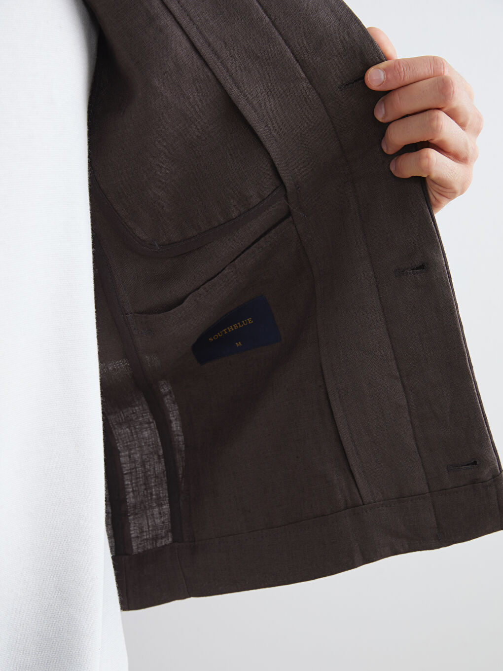 Kahverengi Standart Kalıp Gömlek Yaka %100 Keten Erkek Ceket-3