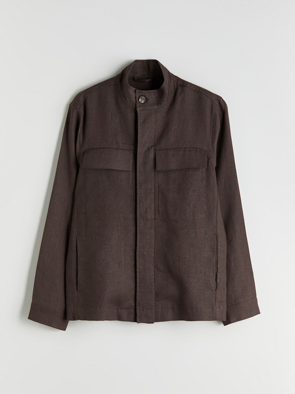 Kahverengi Standart Kalıp Gömlek Yaka %100 Keten Erkek Ceket-5
