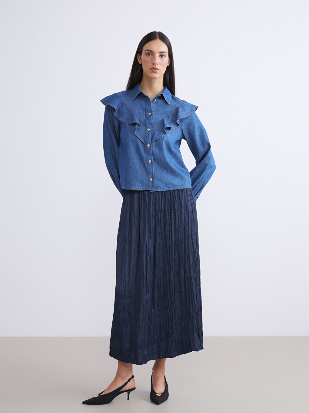 Lacivert Beli Lastikli Saten Pileli Etek-1