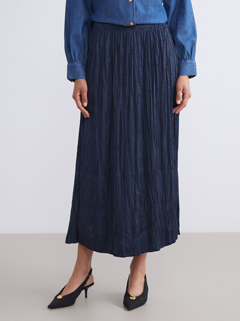 Lacivert Beli Lastikli Saten Pileli Etek-2