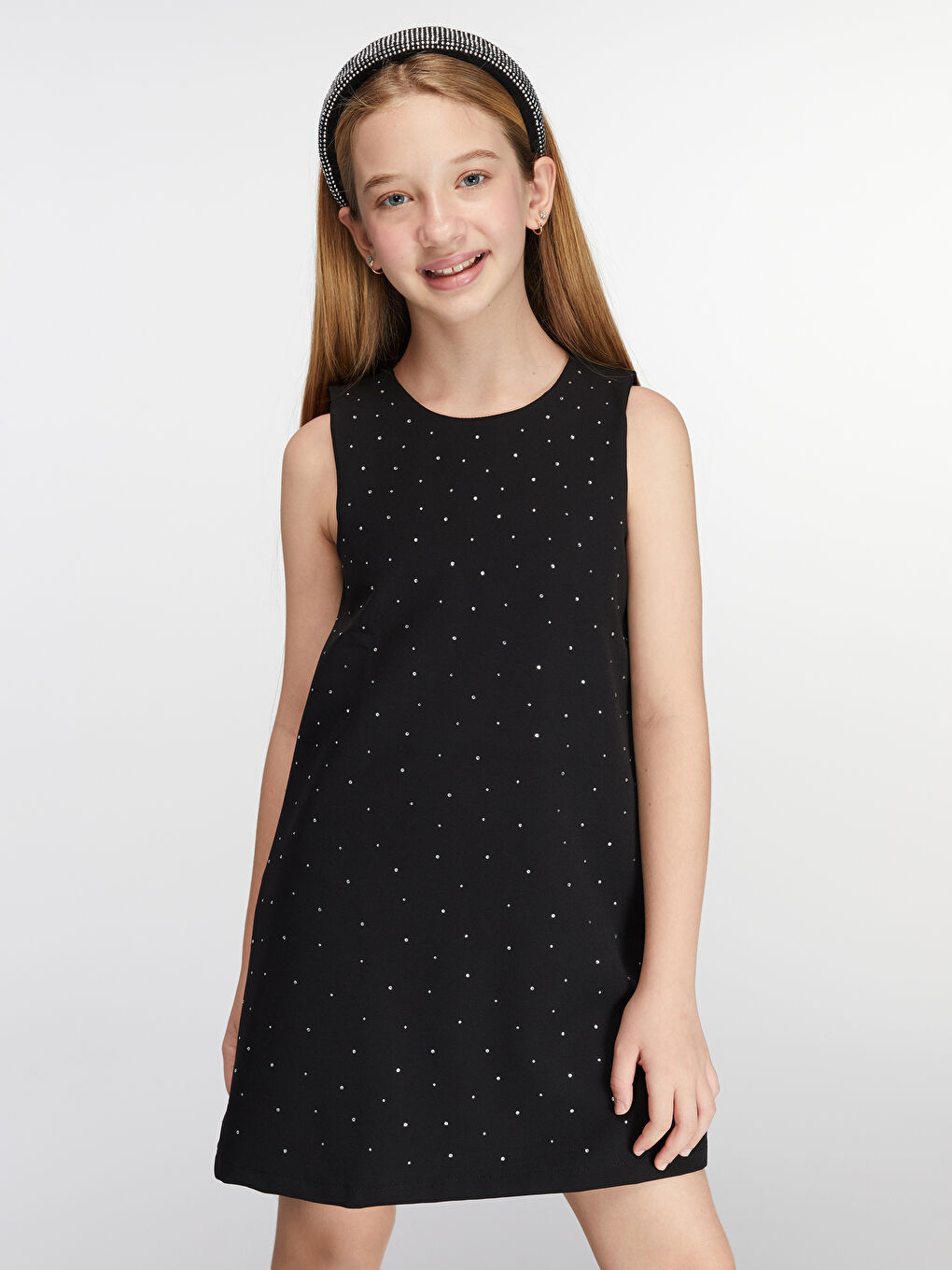 Siyah Bisiklet Yaka Taşlı Kız Çocuk Elbise-2