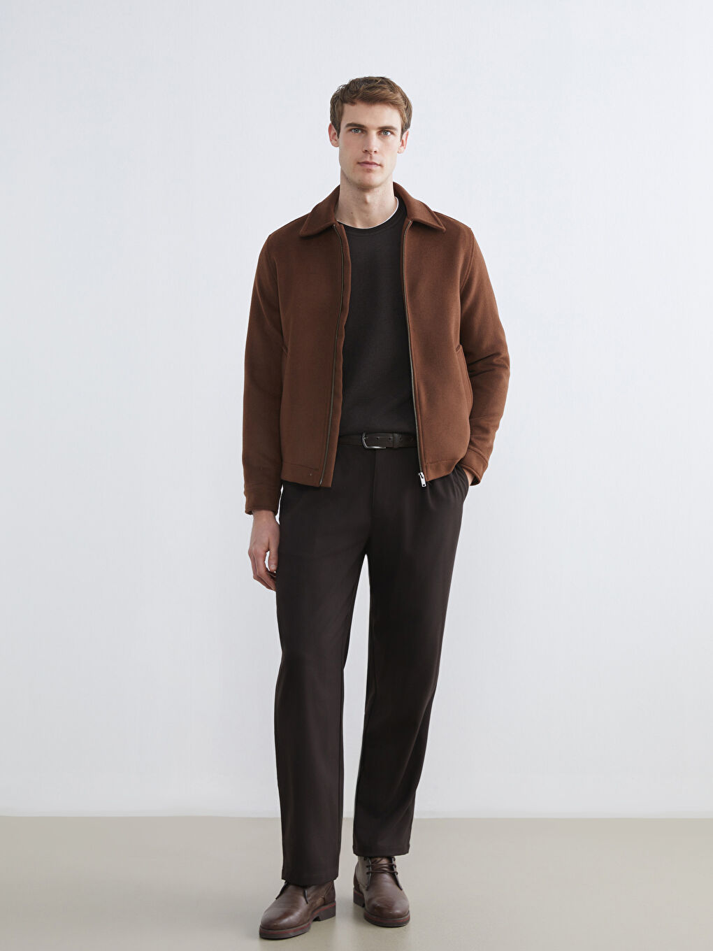 Kahverengi Standart Kalıp Gömlek Yaka Erkek Kaşe Mont-3