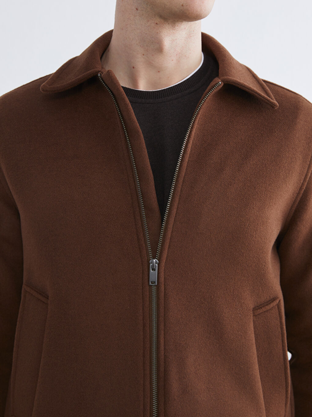 Kahverengi Standart Kalıp Gömlek Yaka Erkek Kaşe Mont-4