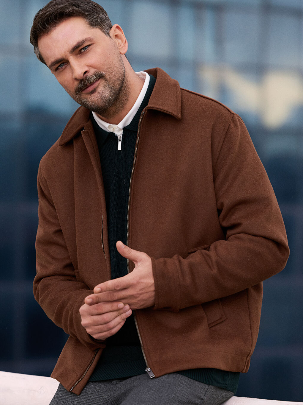 Kahverengi Standart Kalıp Gömlek Yaka Erkek Kaşe Mont