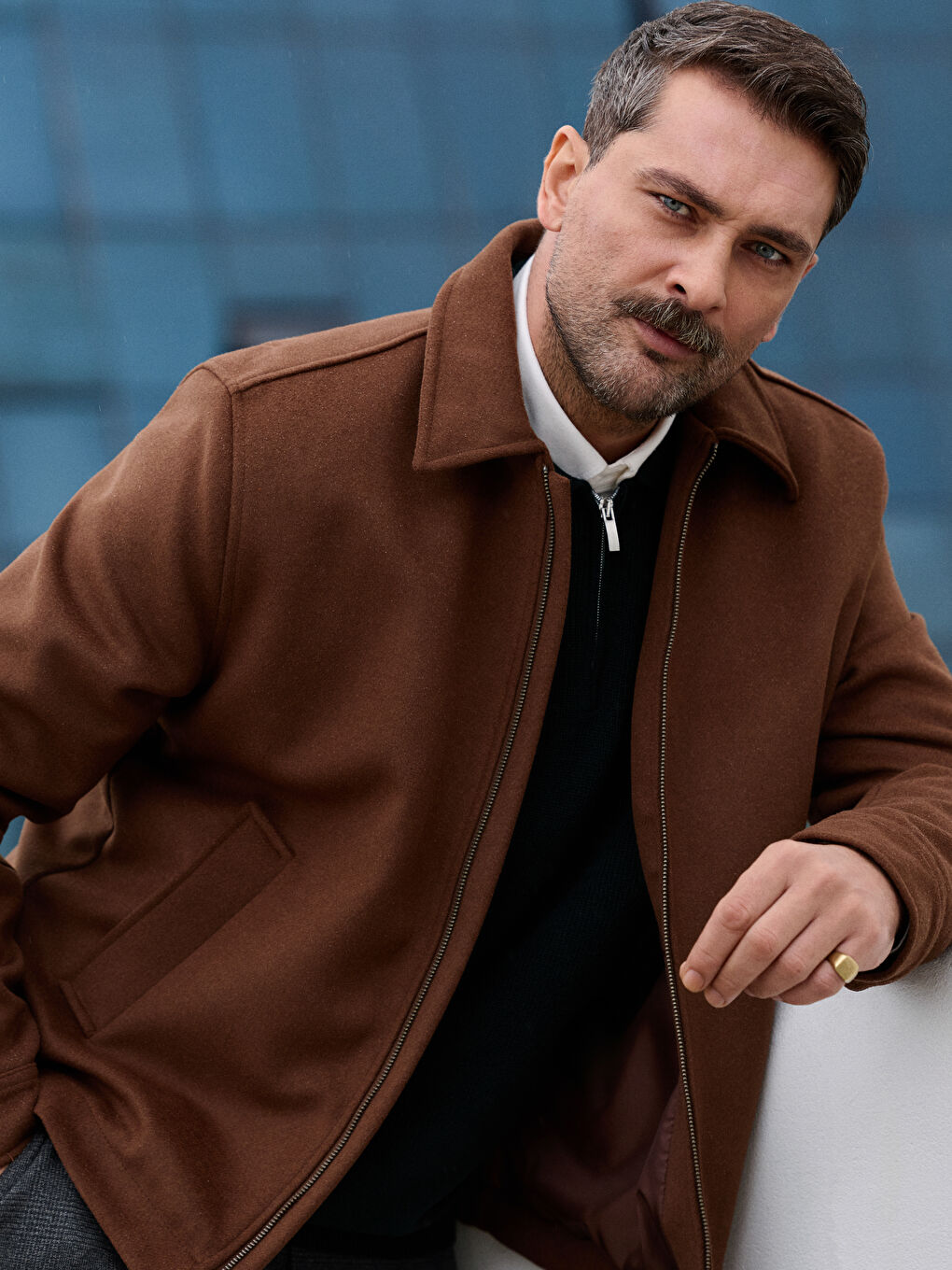 Kahverengi Standart Kalıp Gömlek Yaka Erkek Kaşe Mont-1