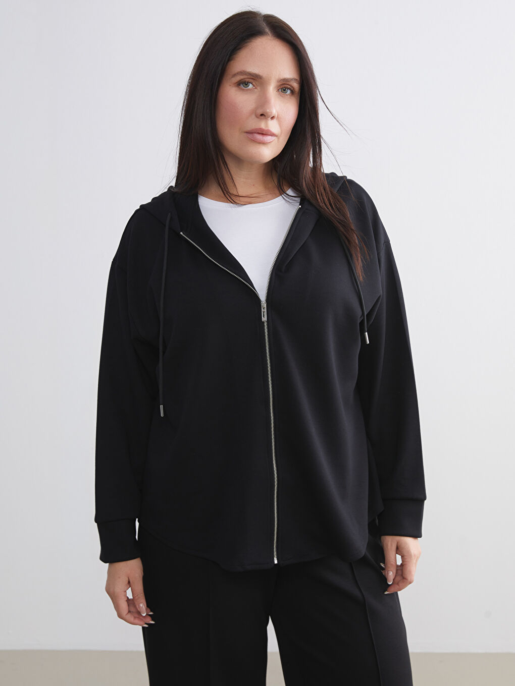 Siyah Kapüşonlu Oversize Kadın Fermuarlı Sweatshirt-2