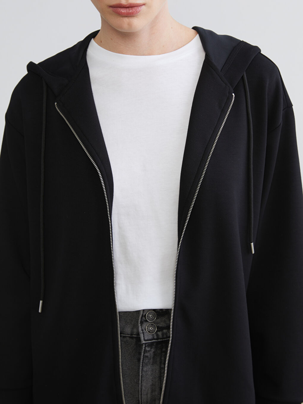 Siyah Kapüşonlu Oversize Kadın Fermuarlı Sweatshirt-6
