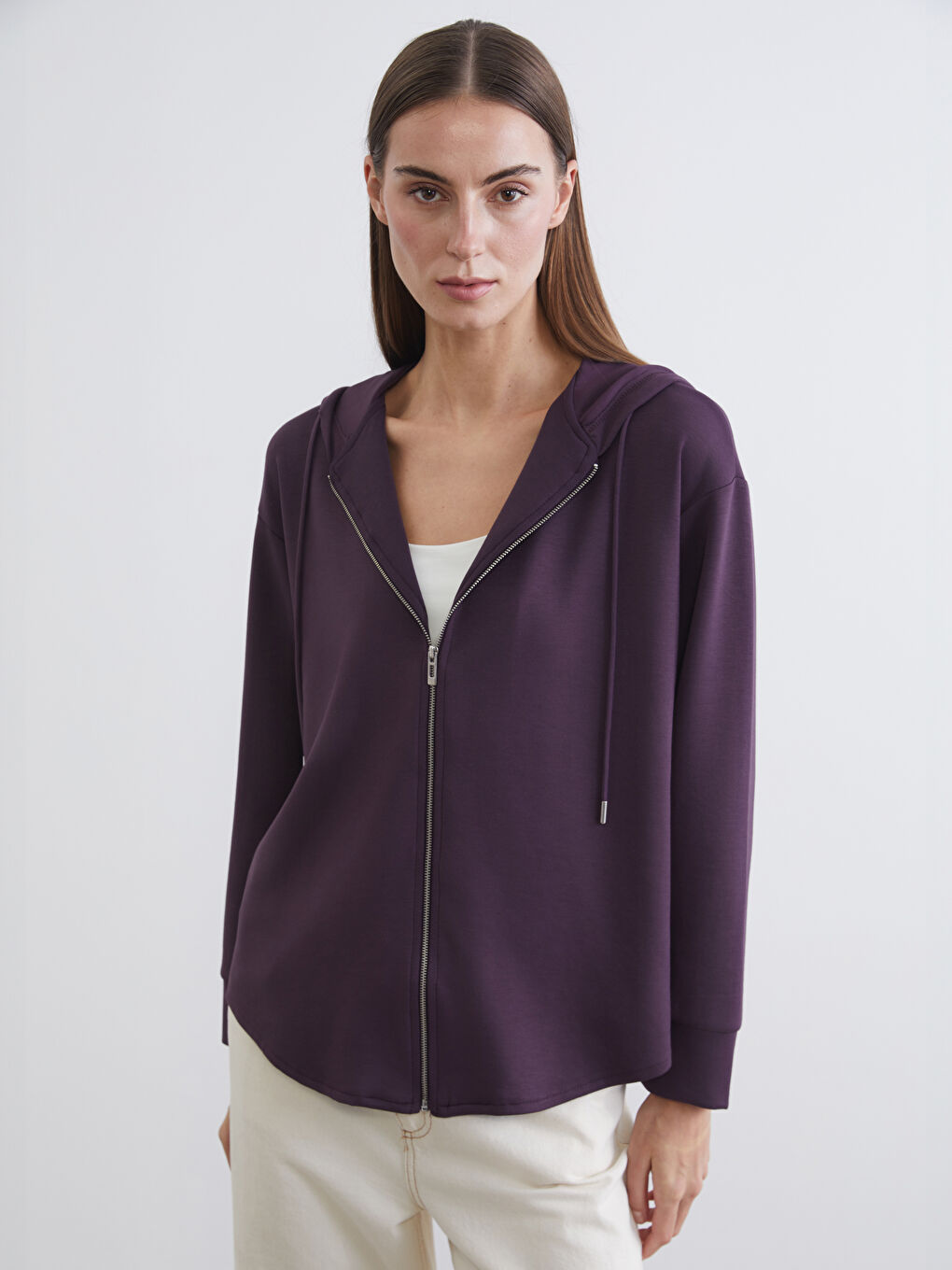 Mürdüm Kapüşonlu Oversize Kadın Fermuarlı Sweatshirt