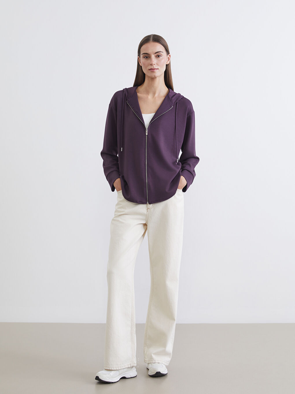 Mürdüm Kapüşonlu Oversize Kadın Fermuarlı Sweatshirt-1