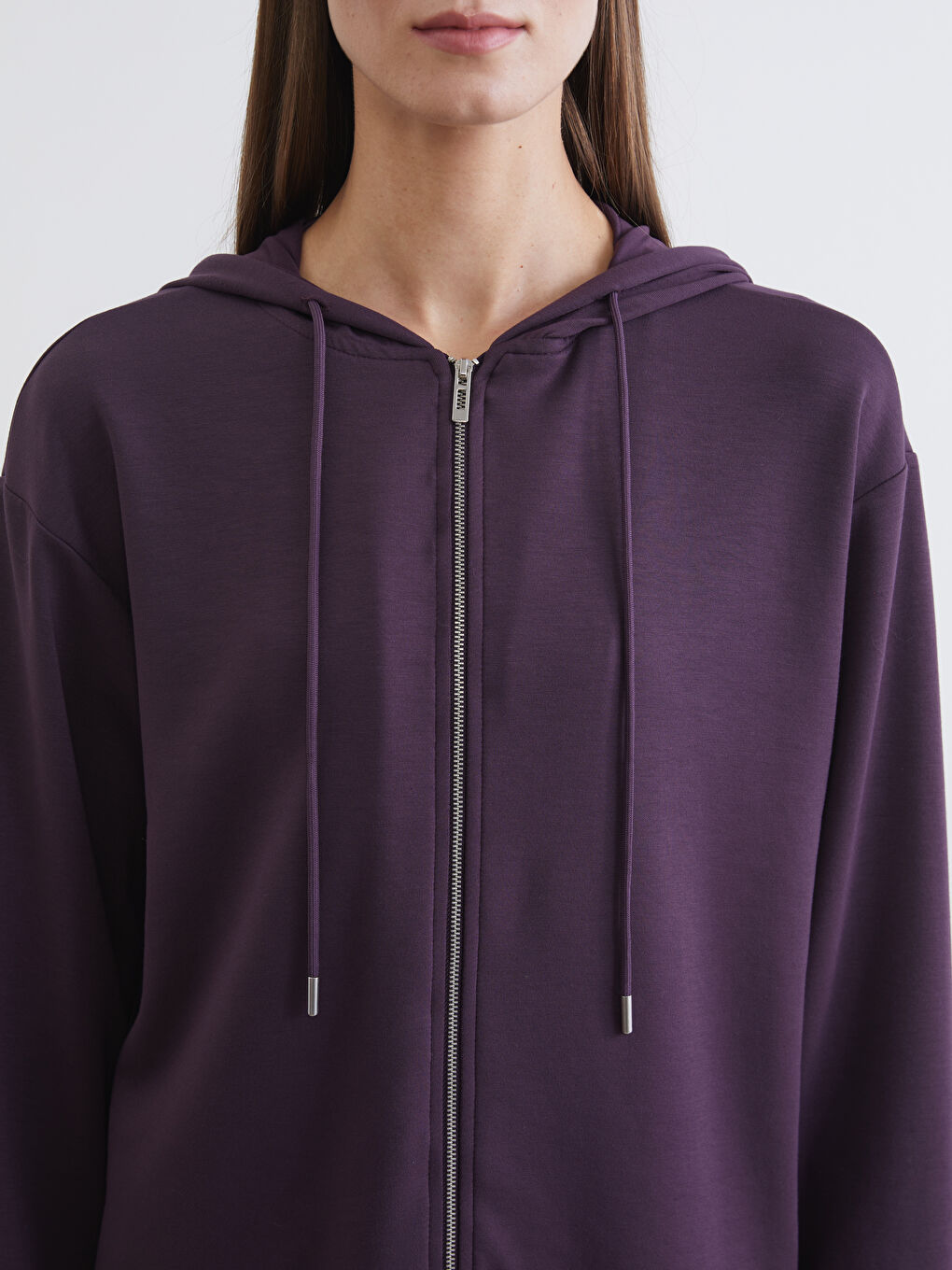 Mürdüm Kapüşonlu Oversize Kadın Fermuarlı Sweatshirt-2