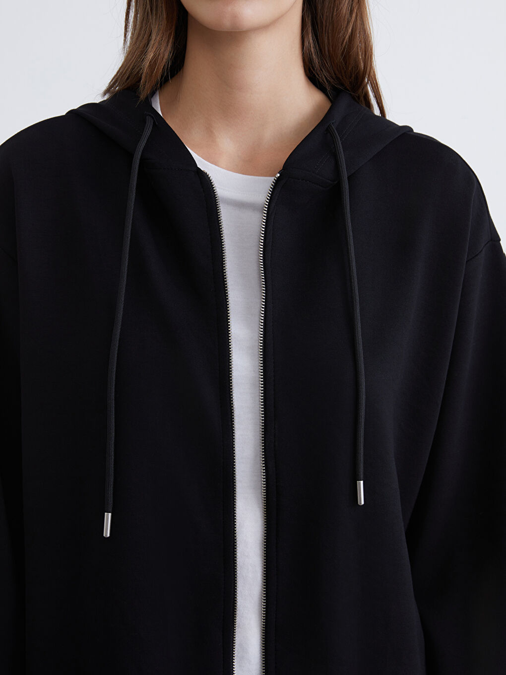 Siyah Kapüşonlu Oversize Kadın Fermuarlı Sweatshirt-5