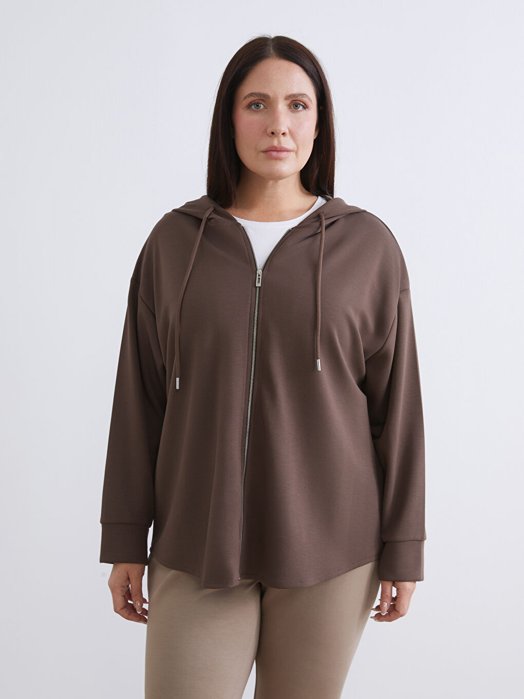 Kahverengi Kapüşonlu Oversize Kadın Fermuarlı Sweatshirt-1