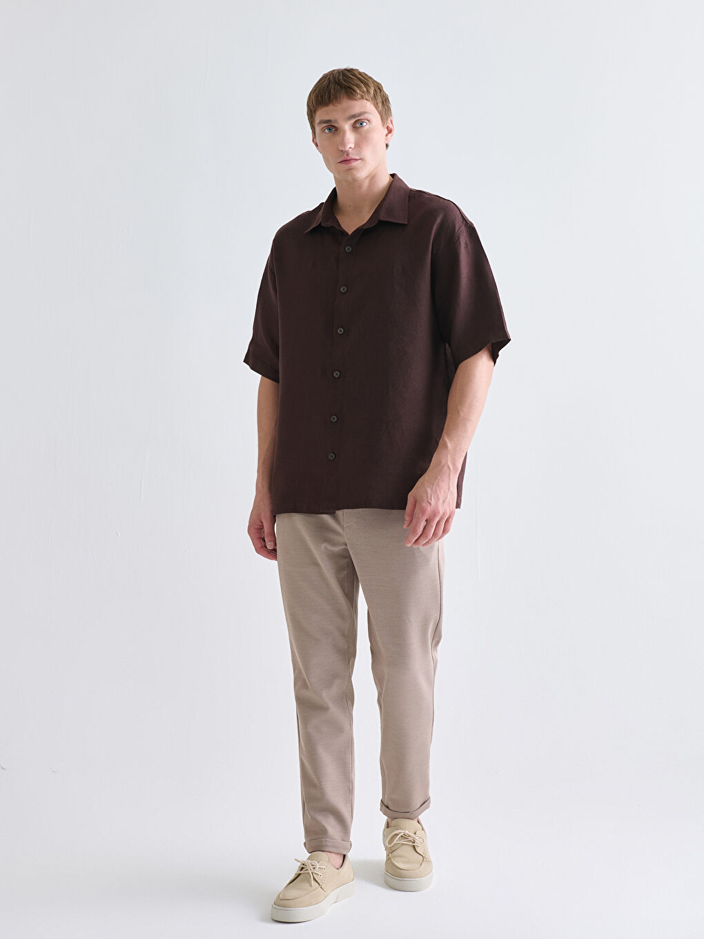 Mürdüm Regular Fit Kısa Kollu %100 Keten Erkek Gömlek-1