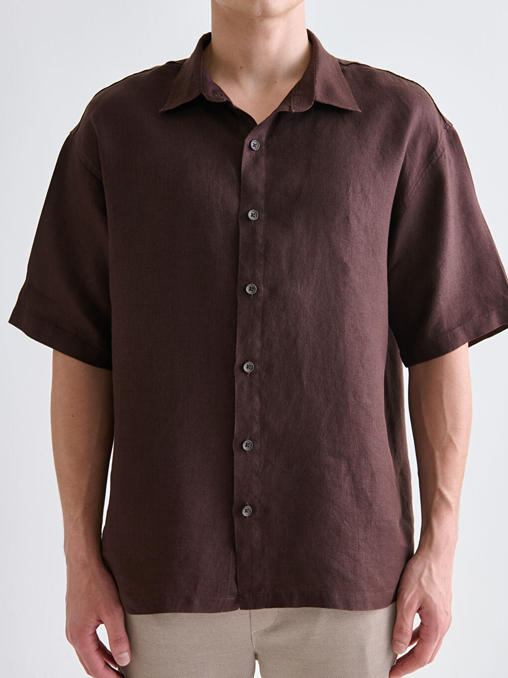 Mürdüm Regular Fit Kısa Kollu %100 Keten Erkek Gömlek-2