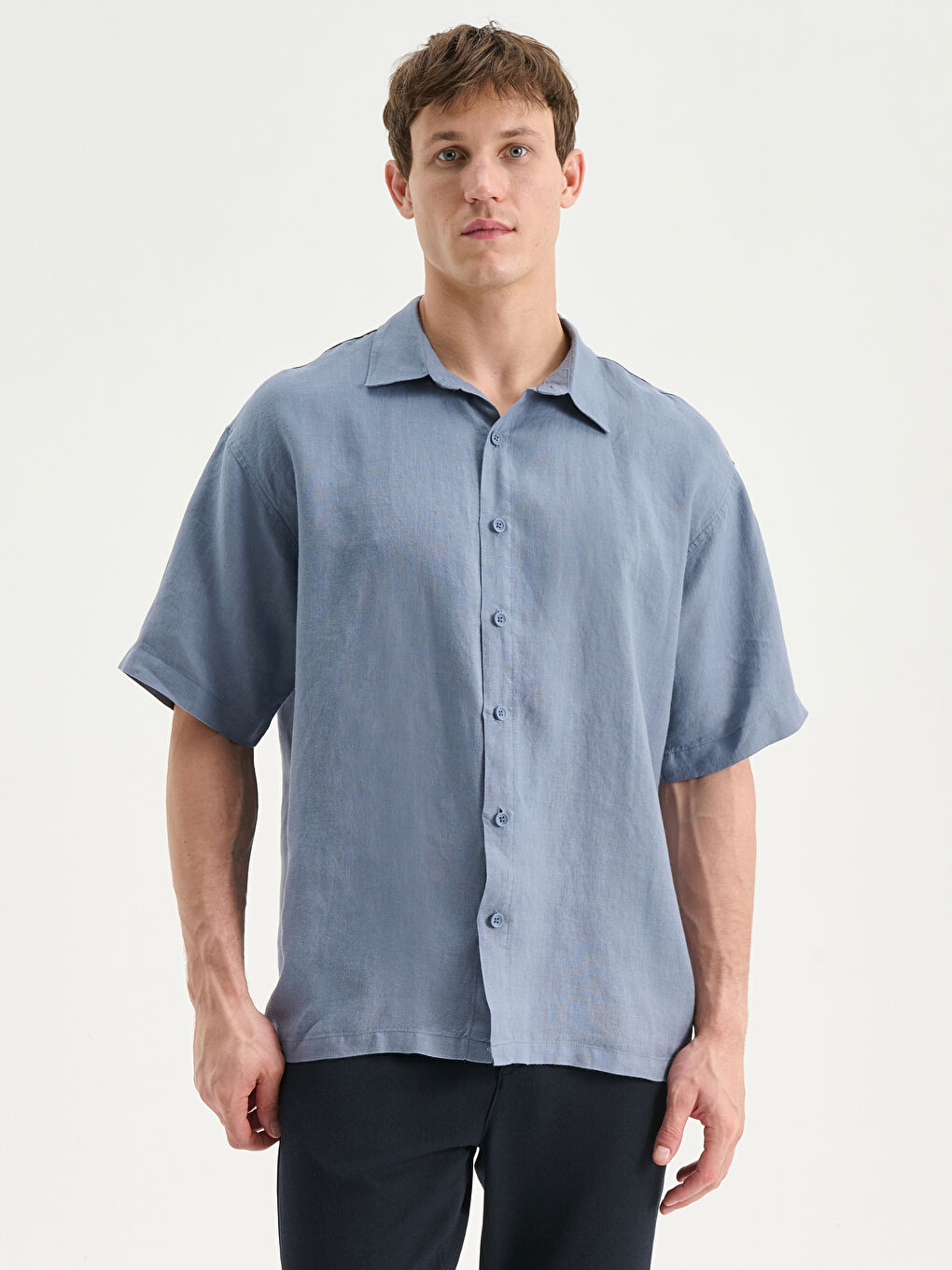 Mavi Regular Fit Kısa Kollu %100 Keten Erkek Gömlek