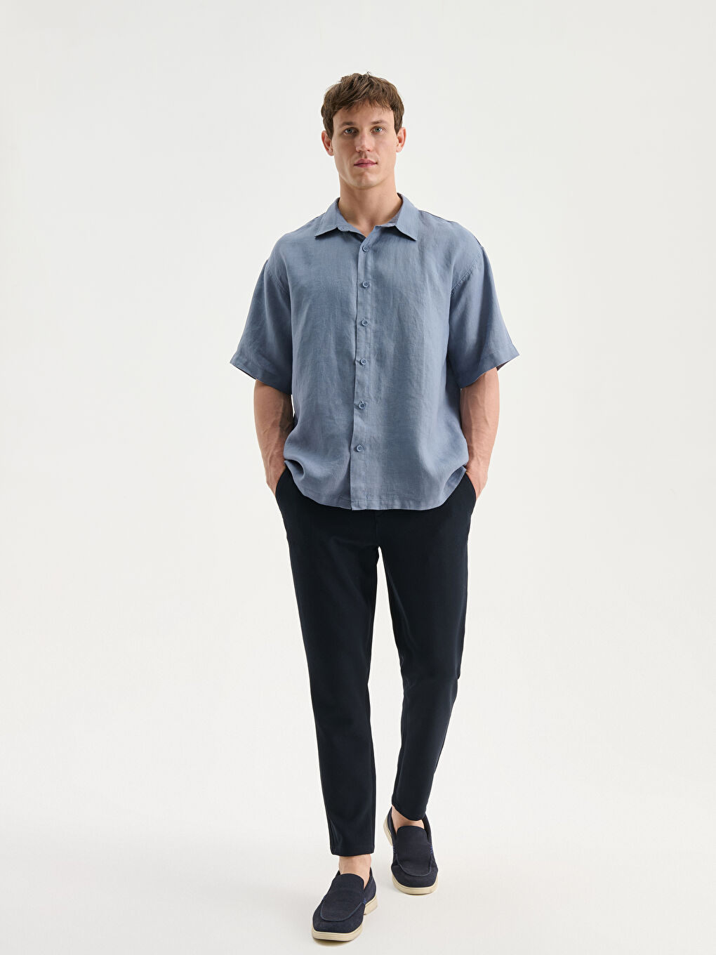 Mavi Regular Fit Kısa Kollu %100 Keten Erkek Gömlek-1
