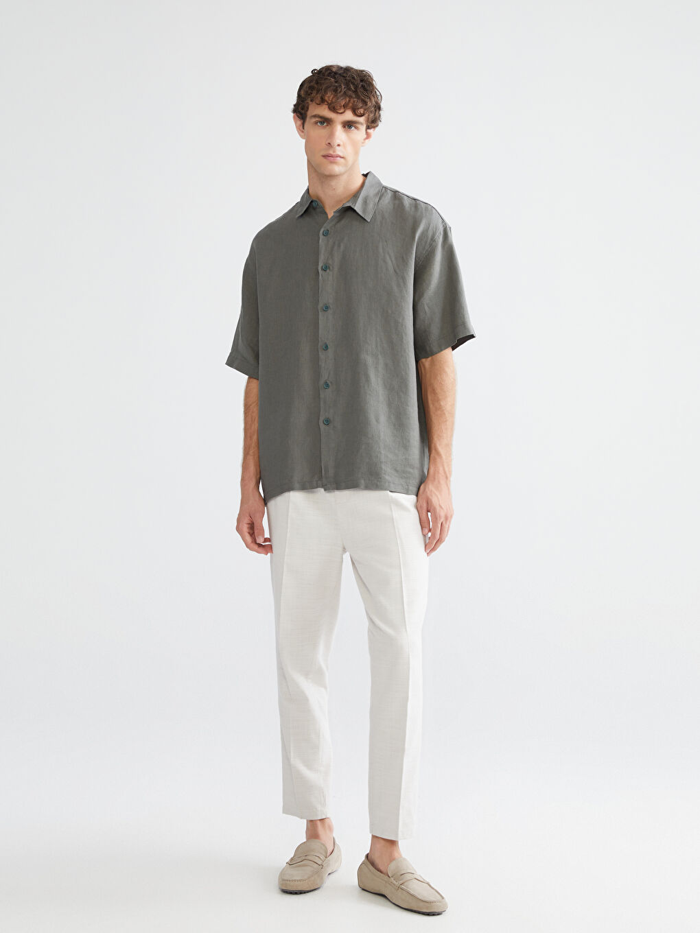 Haki Regular Fit Kısa Kollu %100 Keten Erkek Gömlek-1