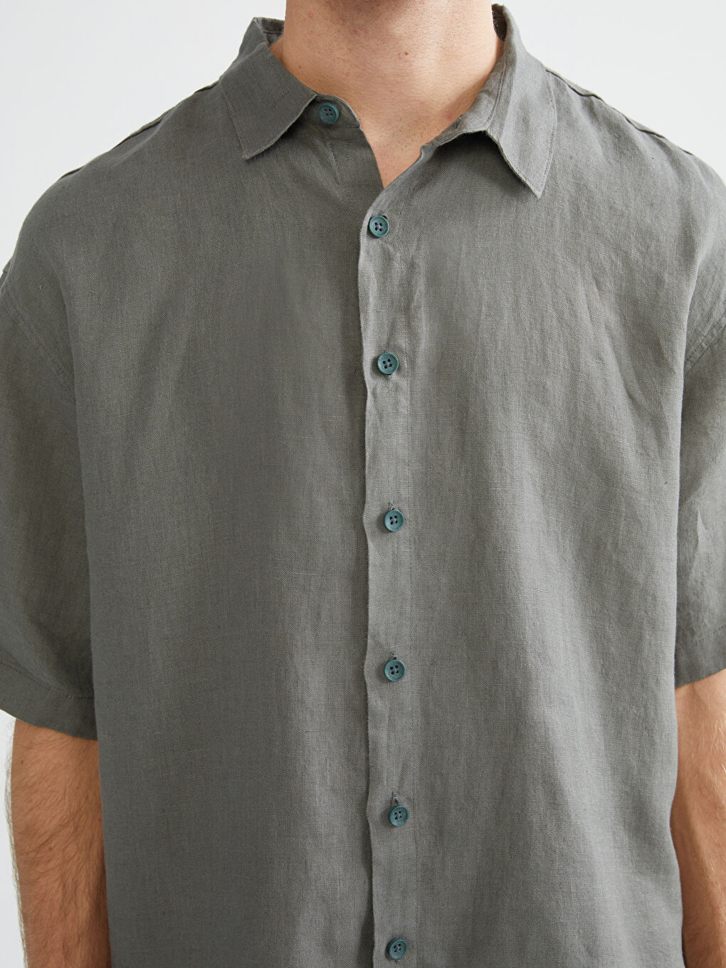 Haki Regular Fit Kısa Kollu %100 Keten Erkek Gömlek-2