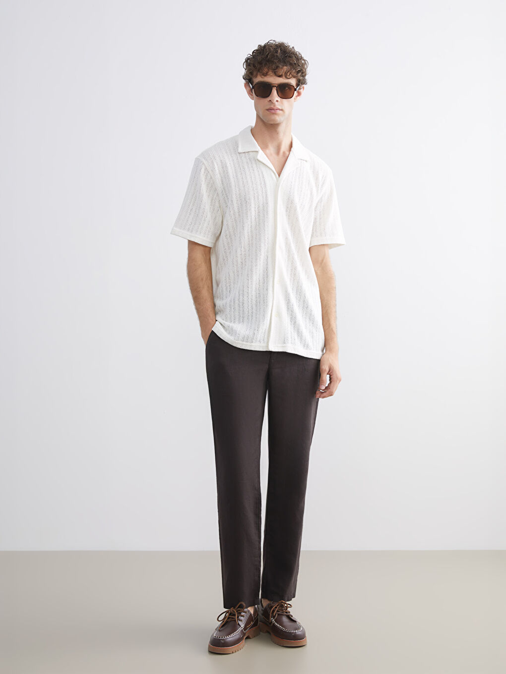 Ekru Regular Fit Resort Yaka Kısa Kollu Erkek Gömlek-2