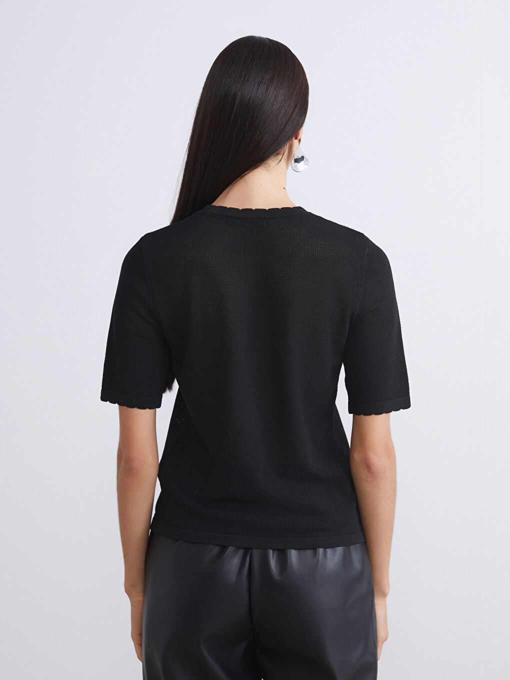 Siyah Kısa Kollu Çiçekli Kadın Triko Kazak-3