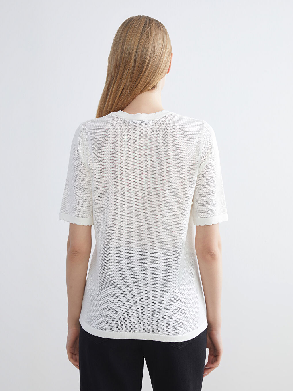 Ekru Kısa Kollu Çiçekli Kadın Triko Kazak-3