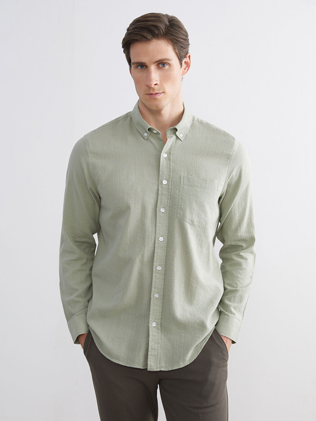 Yeşil Regular Fit Uzun Kollu Armürlü Erkek Gömlek