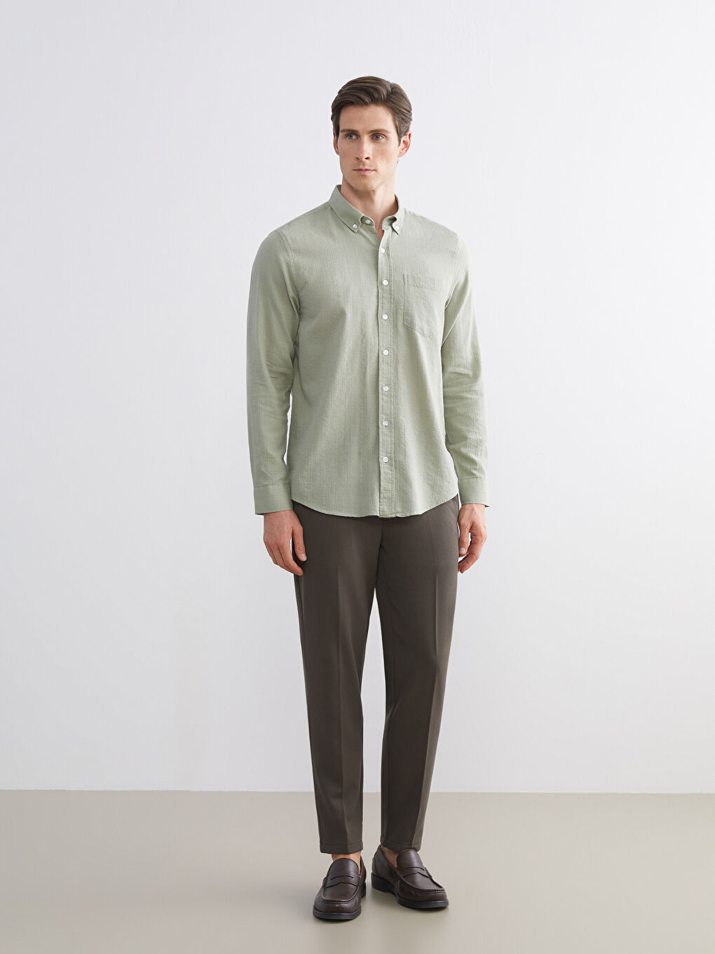 Yeşil Regular Fit Uzun Kollu Armürlü Erkek Gömlek-1