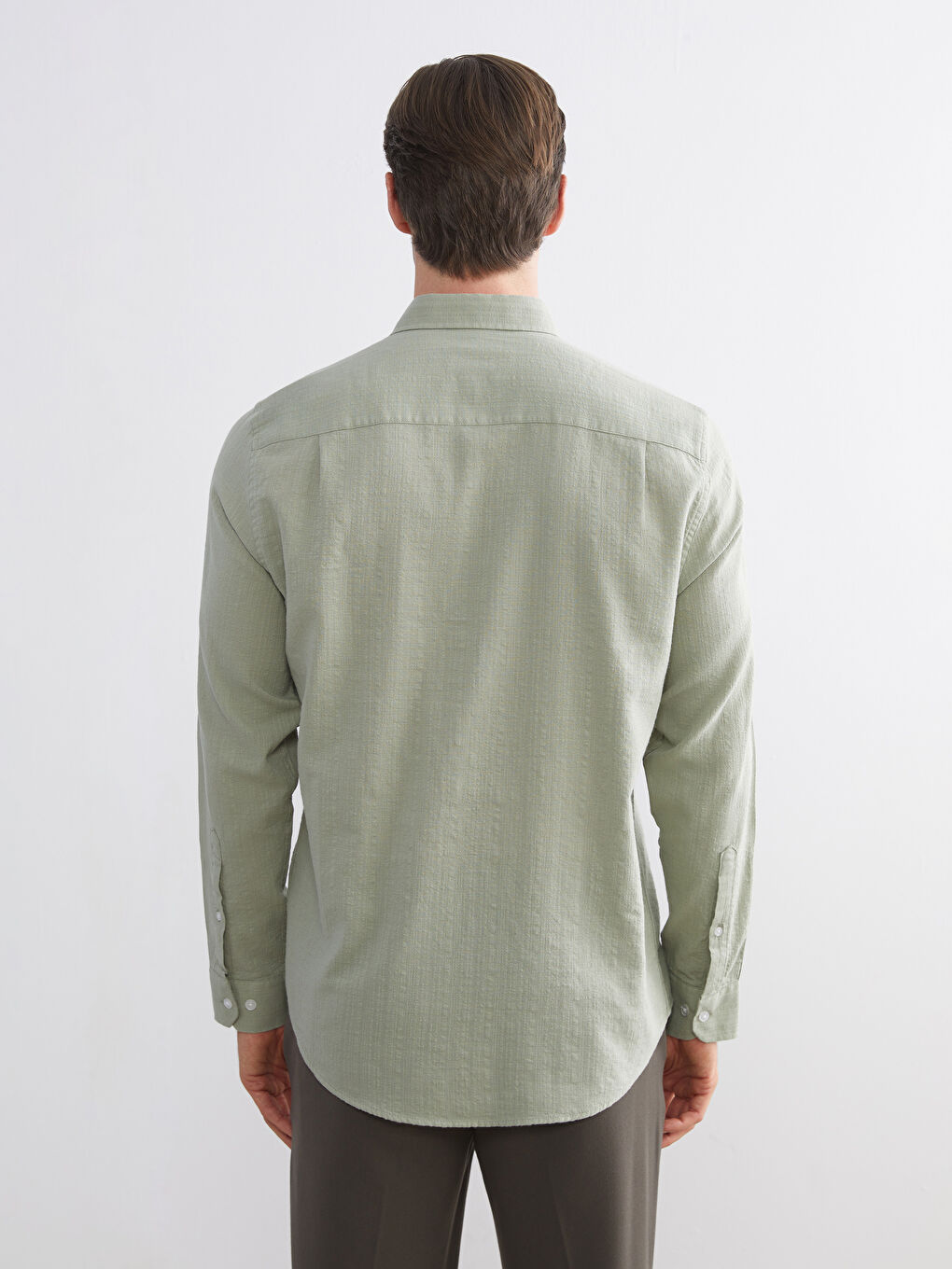 Yeşil Regular Fit Uzun Kollu Armürlü Erkek Gömlek-3