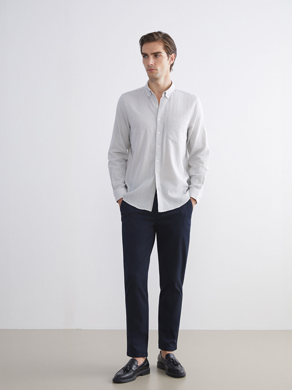 Bej Regular Fit Uzun Kollu Armürlü Erkek Gömlek-1