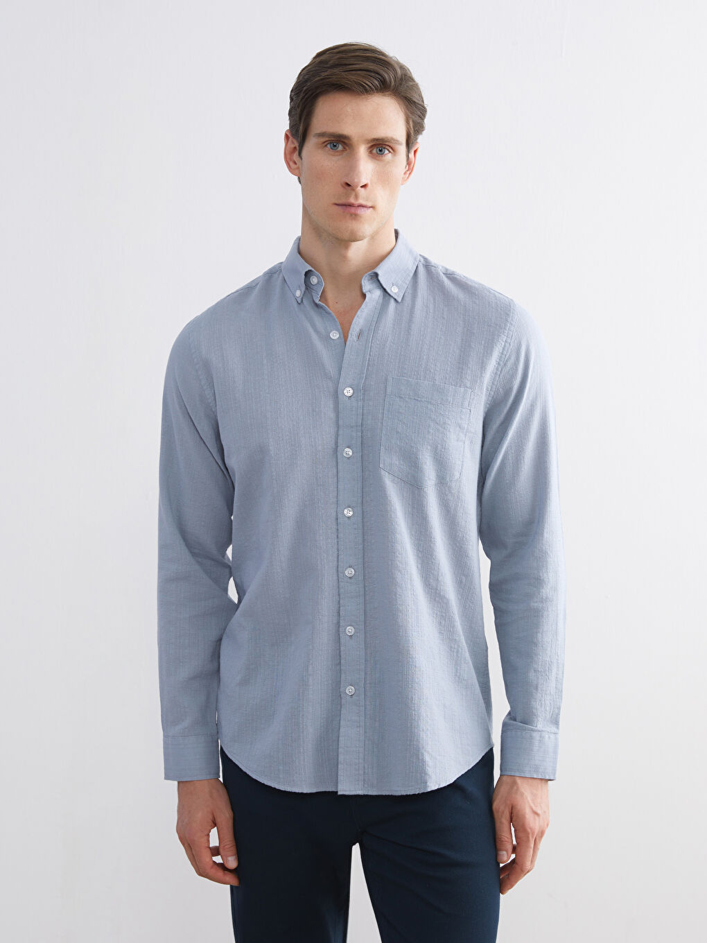 Mavi Regular Fit Uzun Kollu Armürlü Erkek Gömlek