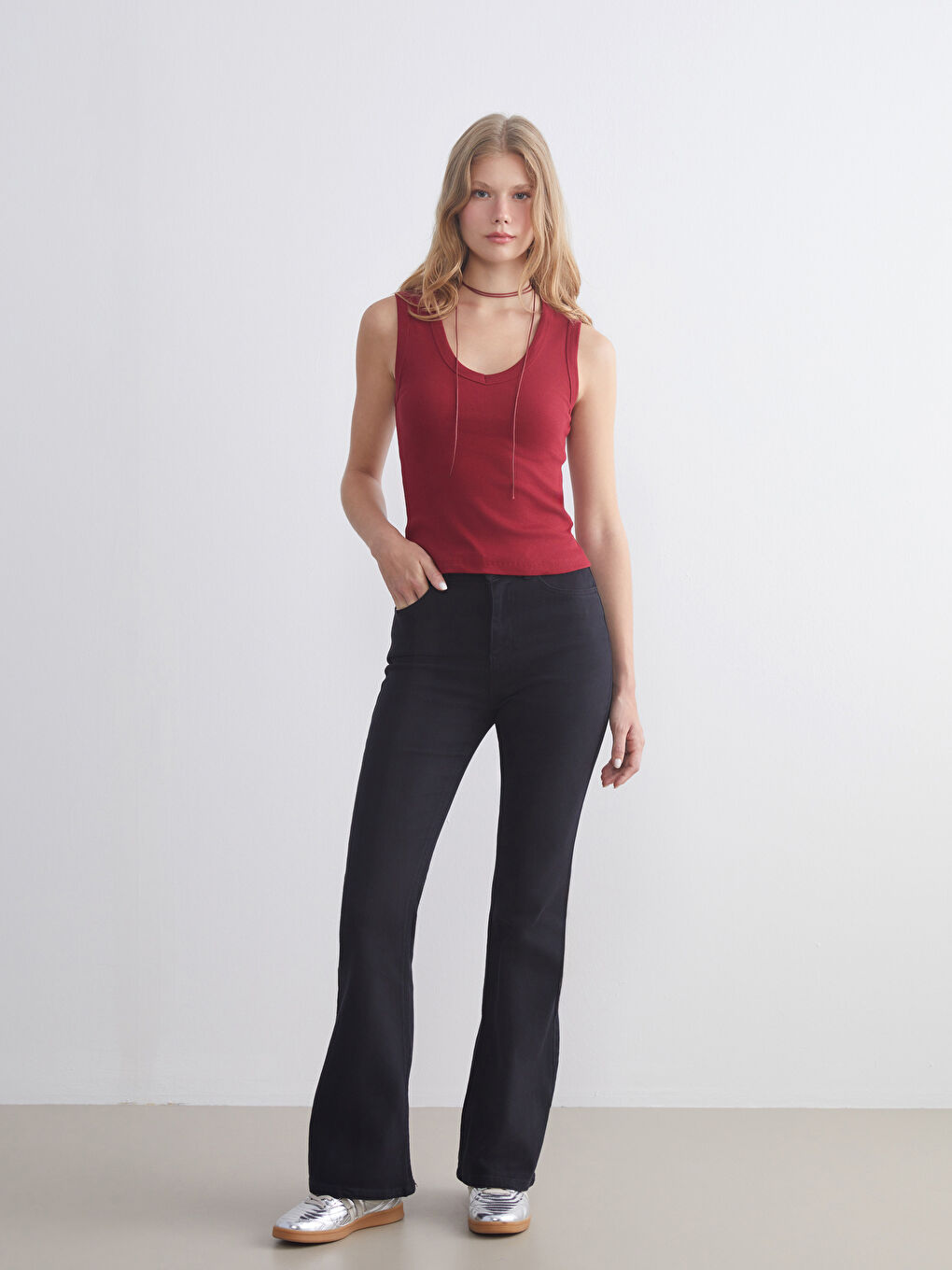 Bordo V Yaka Fitilli Kadın Atlet-1