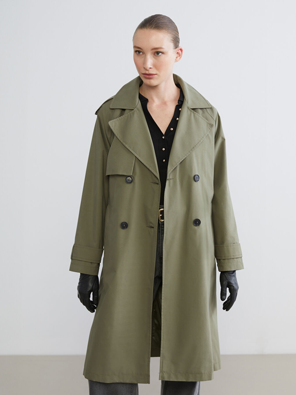 Haki Ceket Yaka Kadın Trençkot-1