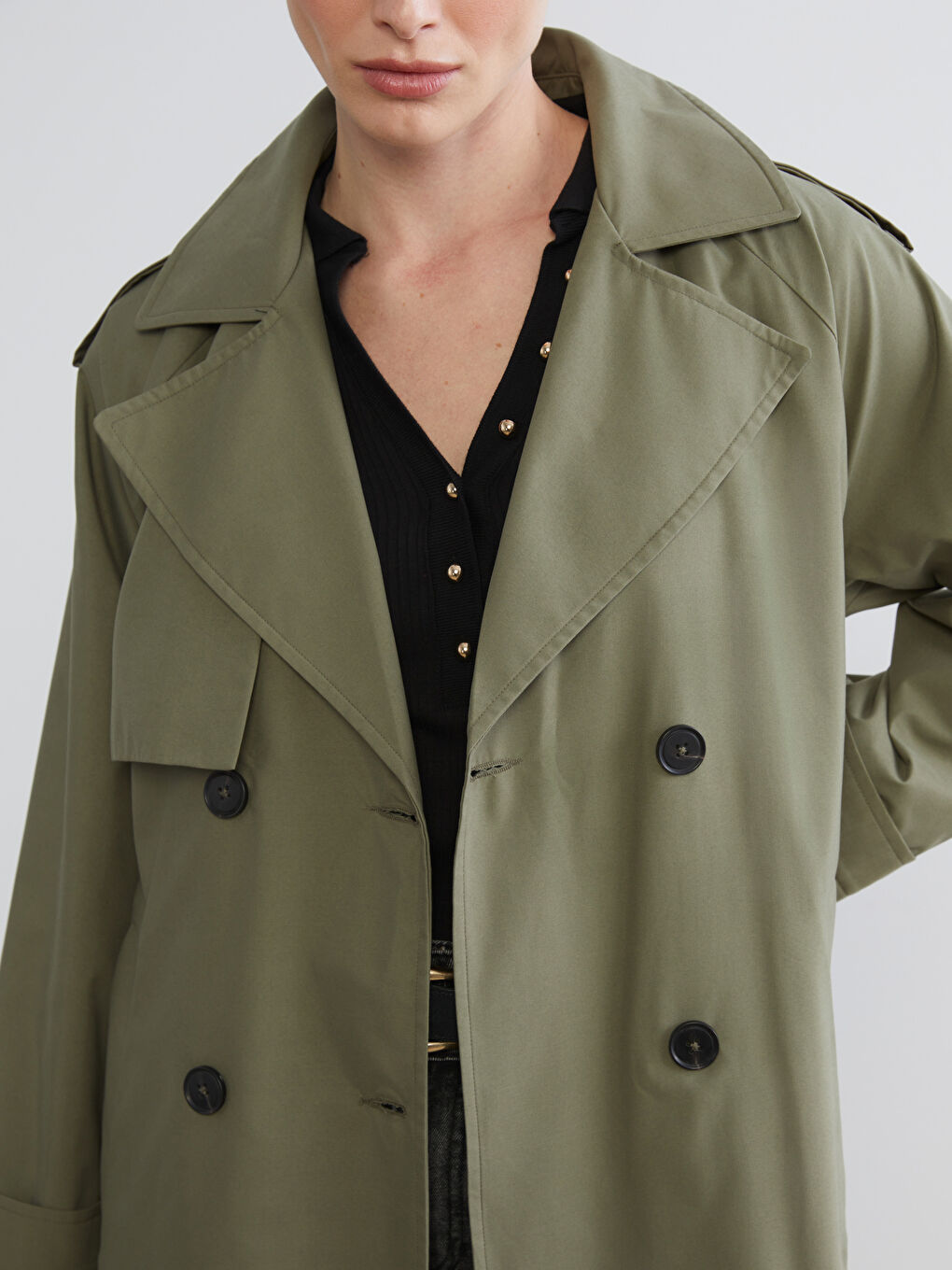 Haki Ceket Yaka Kadın Trençkot-2