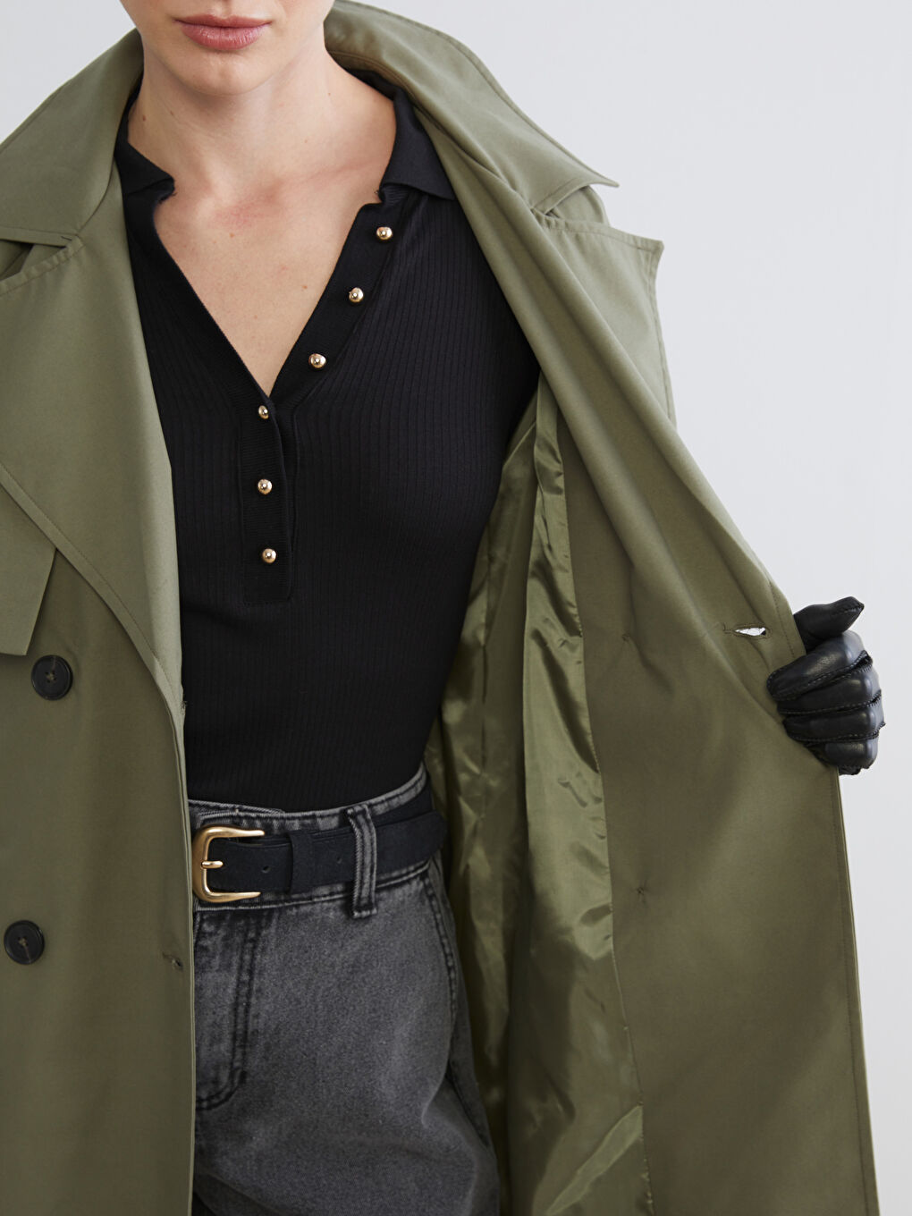 Haki Ceket Yaka Kadın Trençkot-3