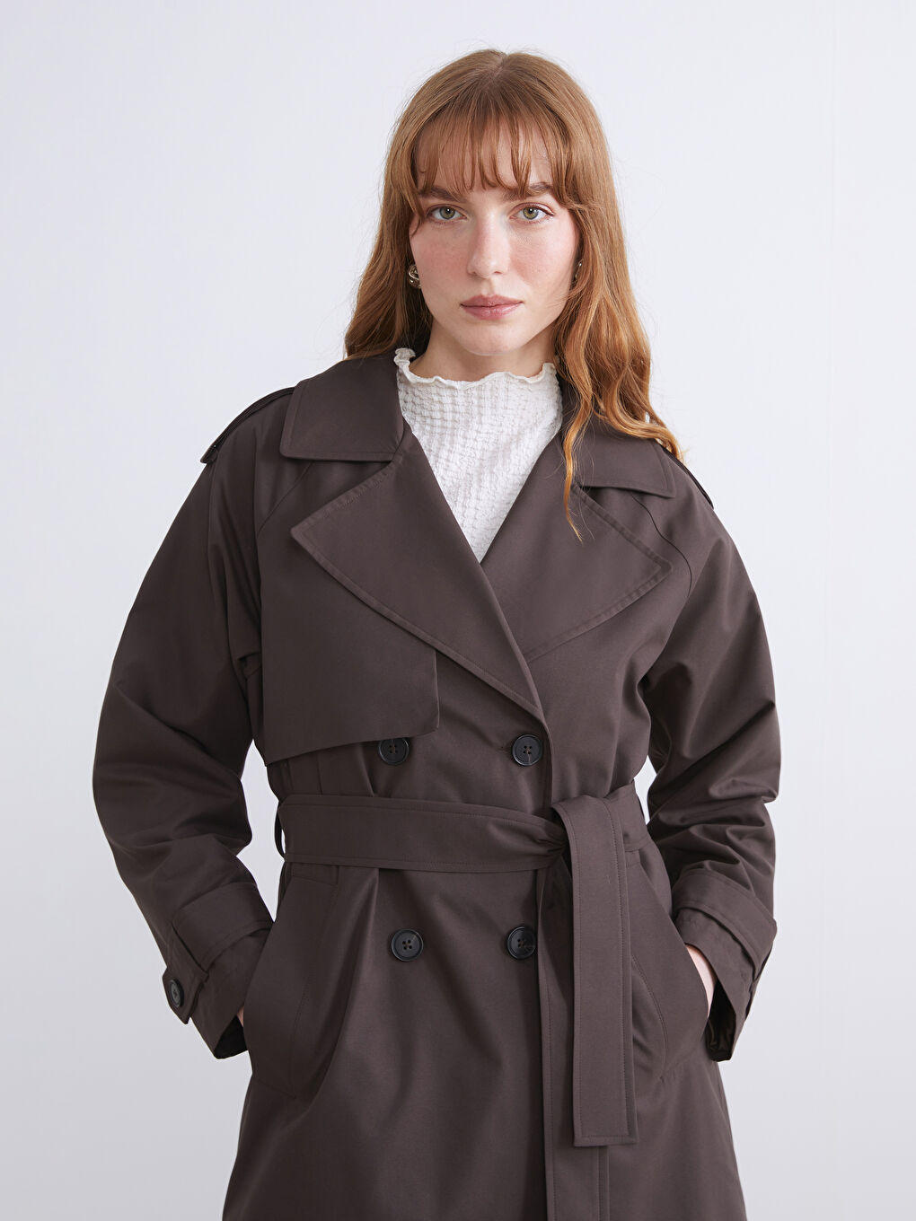 Kahverengi Ceket Yaka Kadın Trençkot