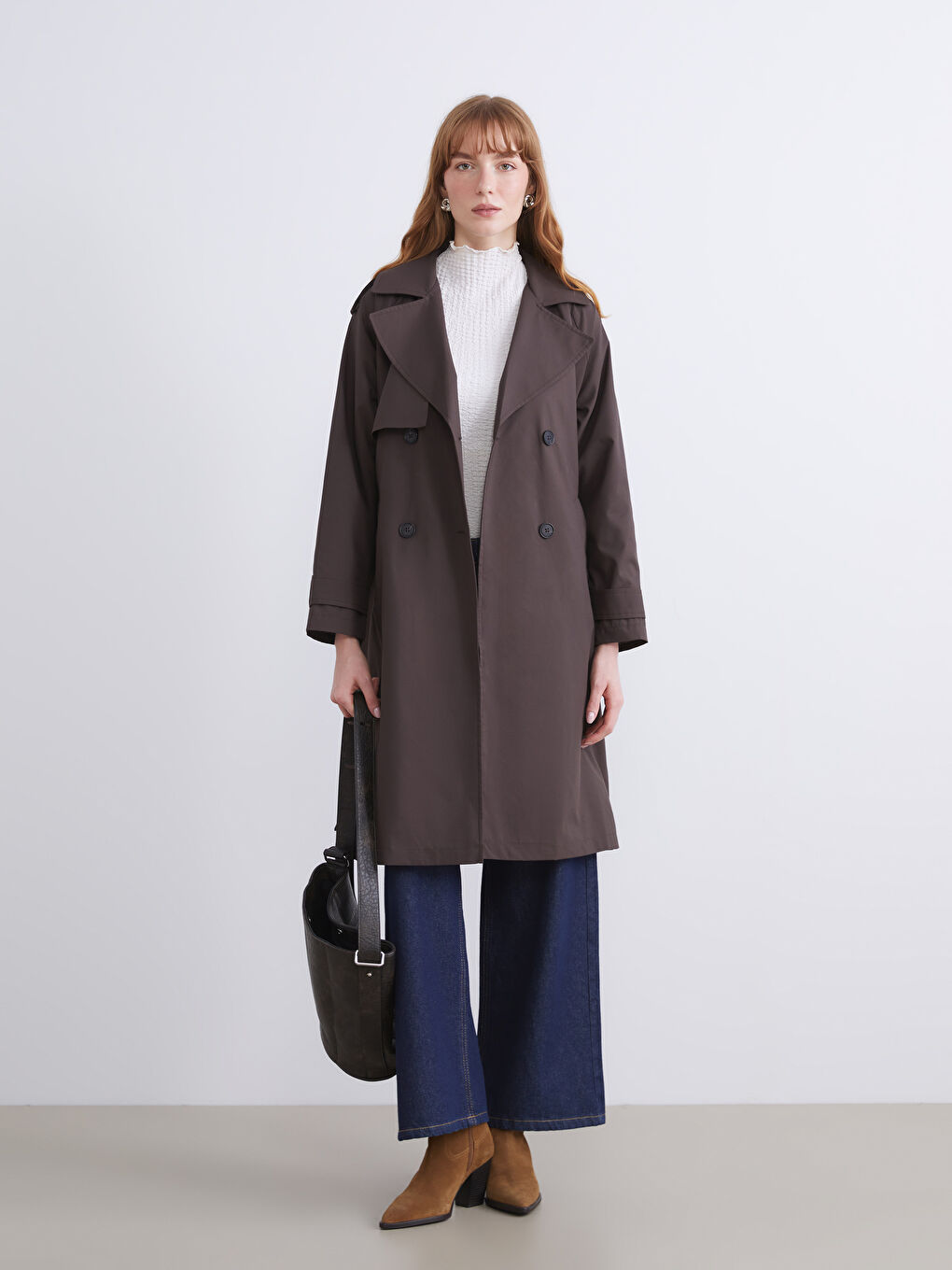 Kahverengi Ceket Yaka Kadın Trençkot-1