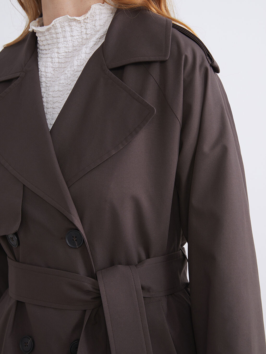 Kahverengi Ceket Yaka Kadın Trençkot-2