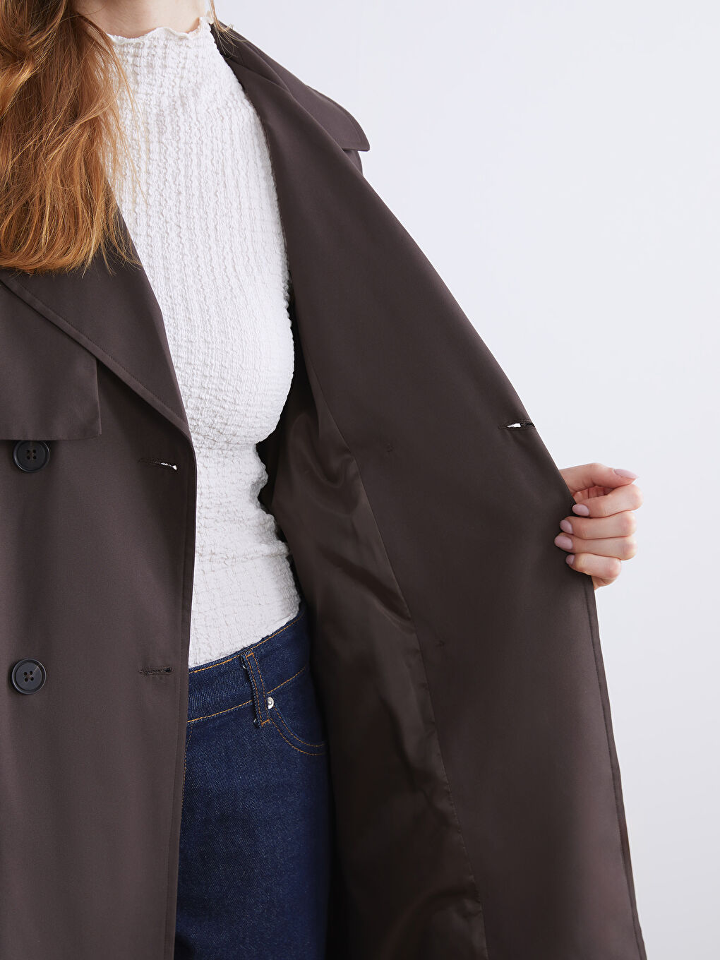 Kahverengi Ceket Yaka Kadın Trençkot-3