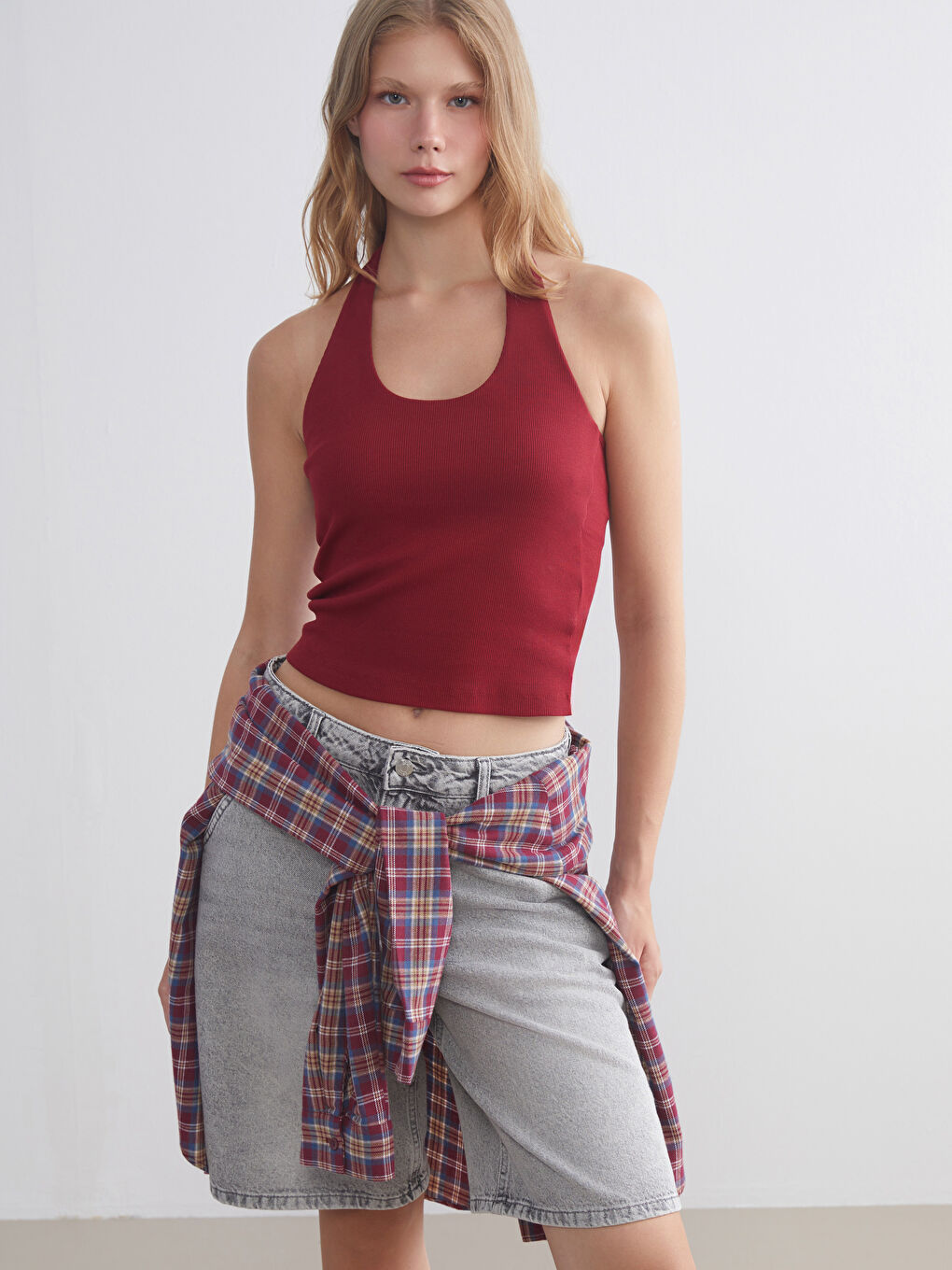 Bordo Halter Yaka Fitilli Kadın Atlet