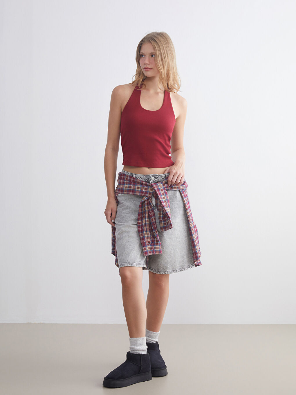 Bordo Halter Yaka Fitilli Kadın Atlet-1