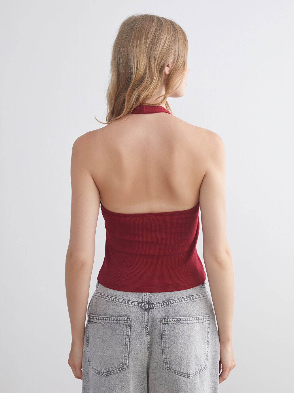 Bordo Halter Yaka Fitilli Kadın Atlet-3