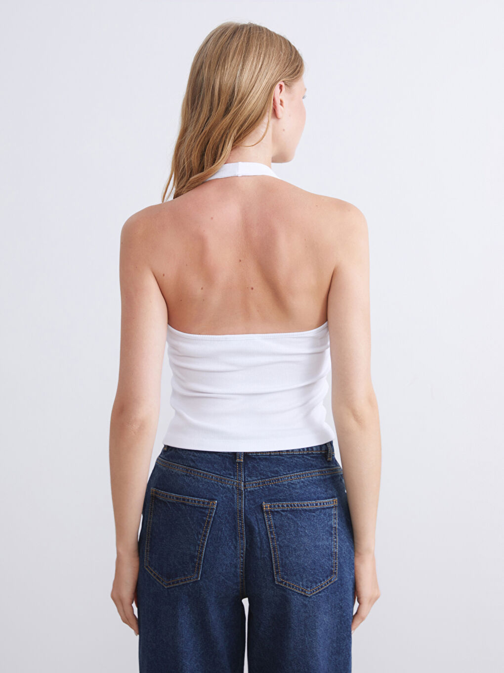 Beyaz Halter Yaka Fitilli Kadın Atlet-6