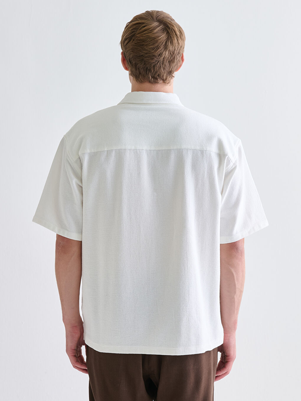 Ekru Regular Fit Kısa Kollu Armürlü Erkek Gömlek-6