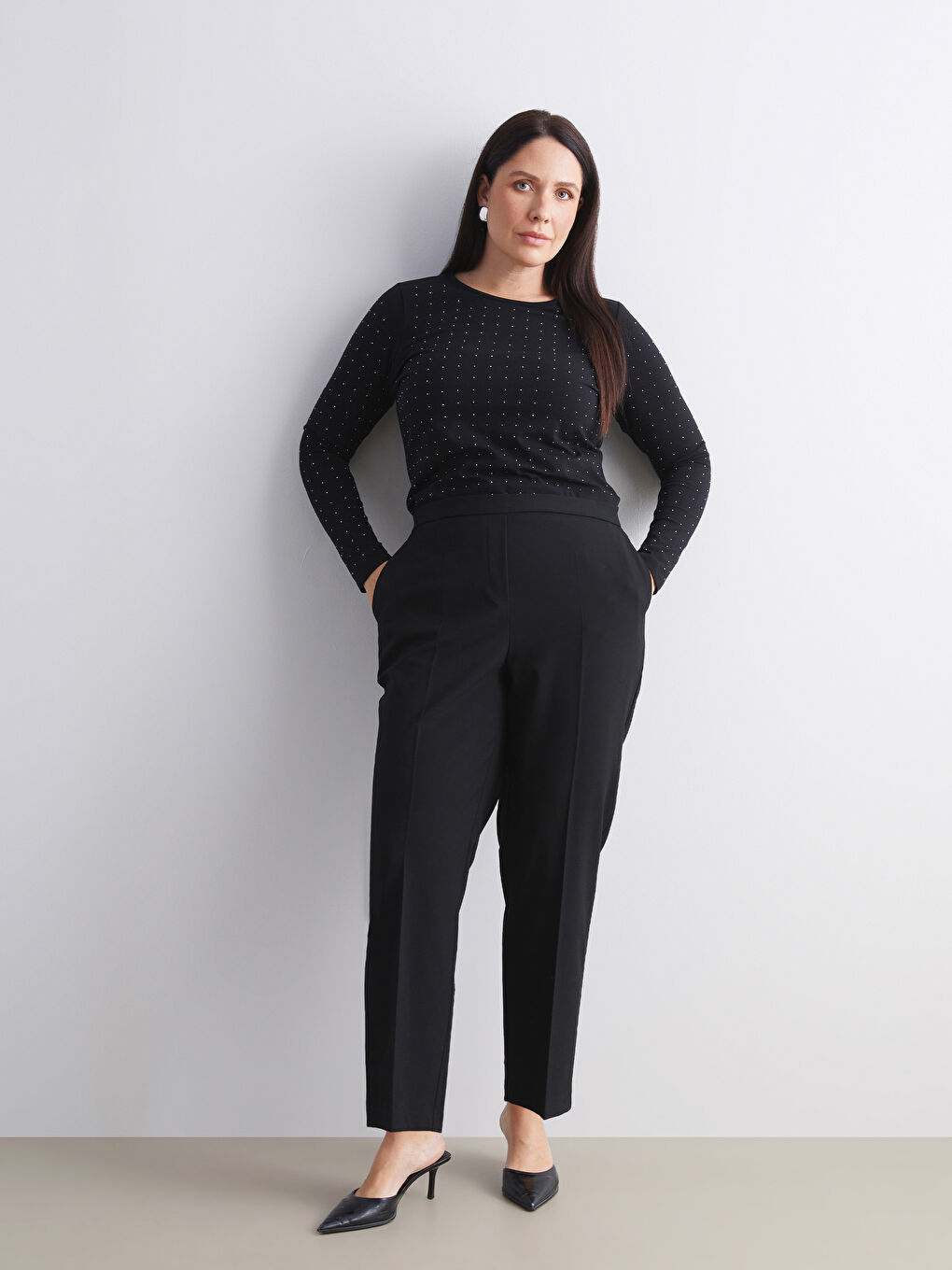 Siyah Büyük Beden Yüksek Bel Cigarette Kadın Pantolon-1