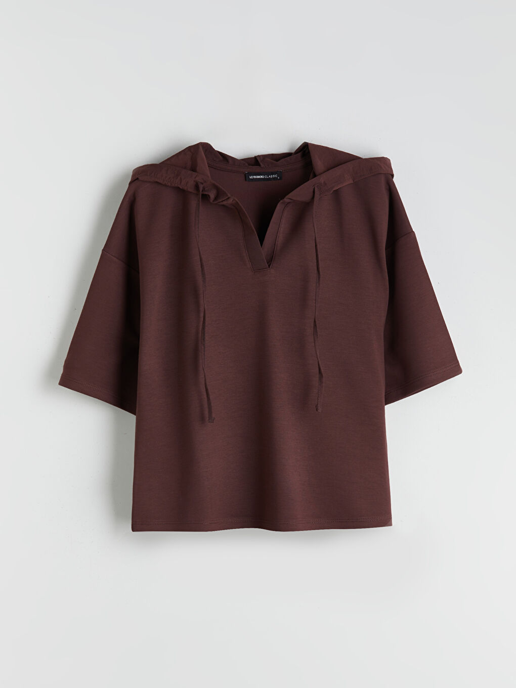 Kahverengi Düz Kısa Kollu Kadın Hoodie-6