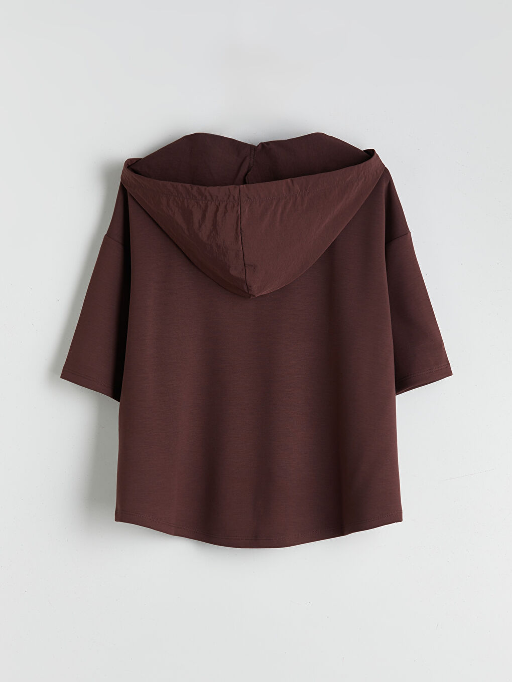 Kahverengi Düz Kısa Kollu Kadın Hoodie-7